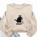 Embroidered Black Cat What Washed Crewneck Sweatshirt