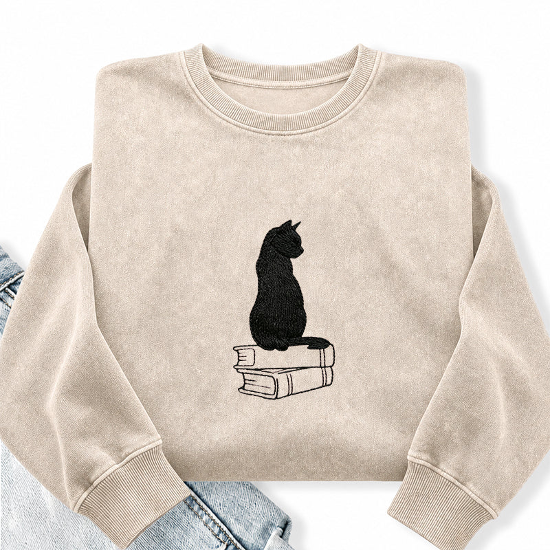 Embroidered Black Cat On Book Washed Crewneck Sweatshirt