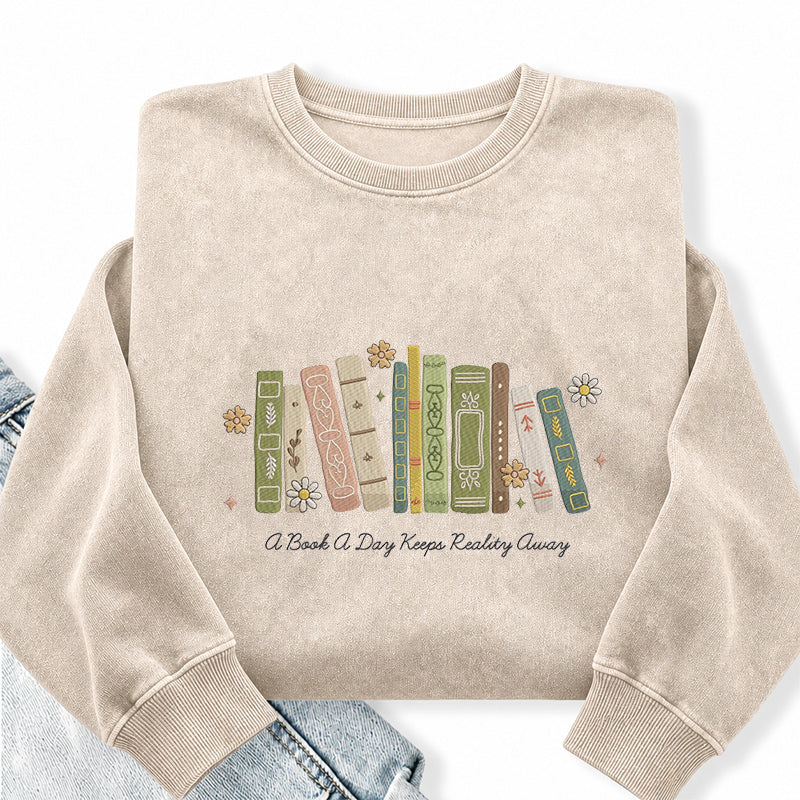 Embroidered A Book A Day Washed Crewneck Sweatshirt