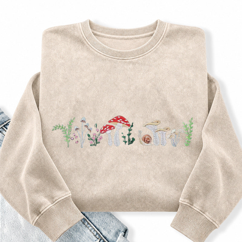 Embroidered Forest Mushroom Washed Crewneck Sweatshirt