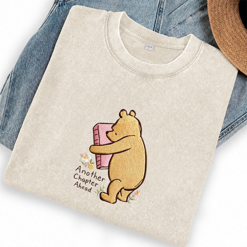 Embroidered Reading Bear Another Chapter Washed Crew Neck T-Shirt