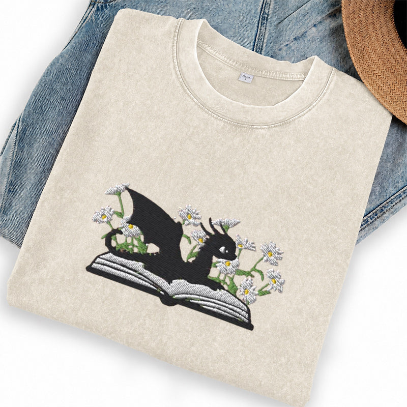 Embroidered Floral Dragon Book Washed Crew Neck T-Shirt