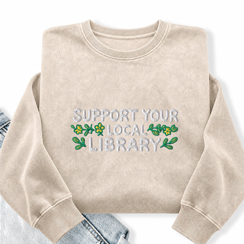 Embroidered Support Your Local Library Washed Crewneck Sweatshirt