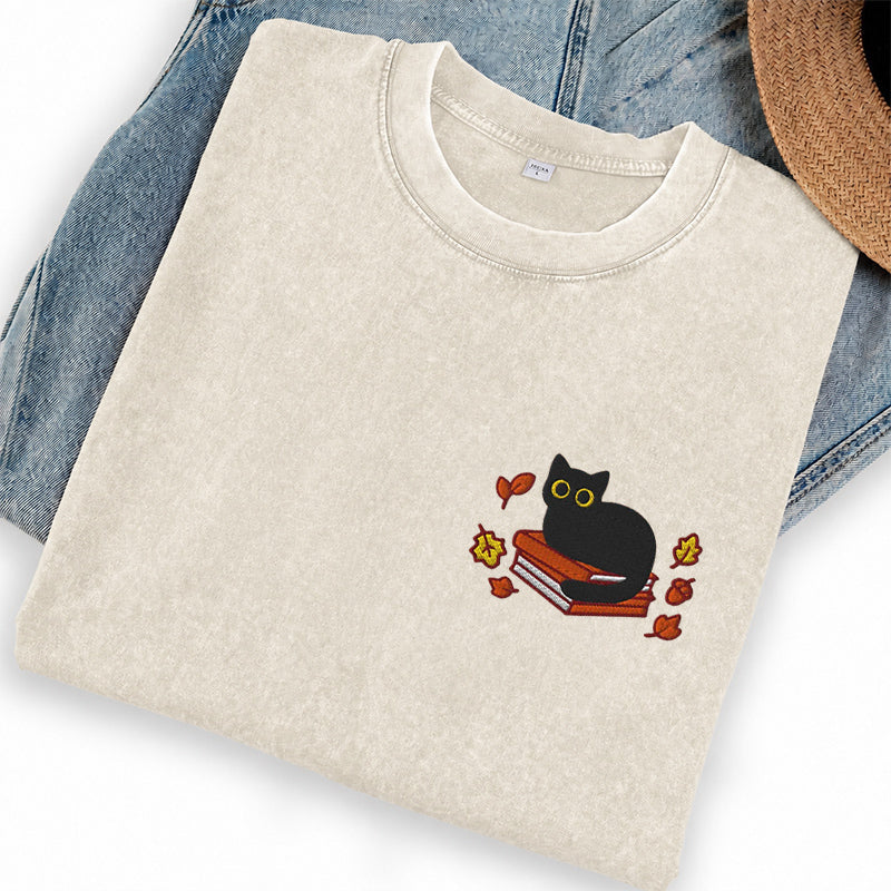 Embroidered Autumn Black Cat Book Washed Crew Neck T-Shirt