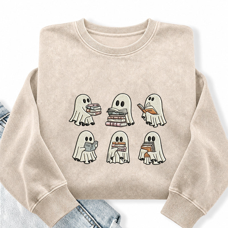 Embroidered Halloween Ghost Book Washed Crewneck Sweatshirt