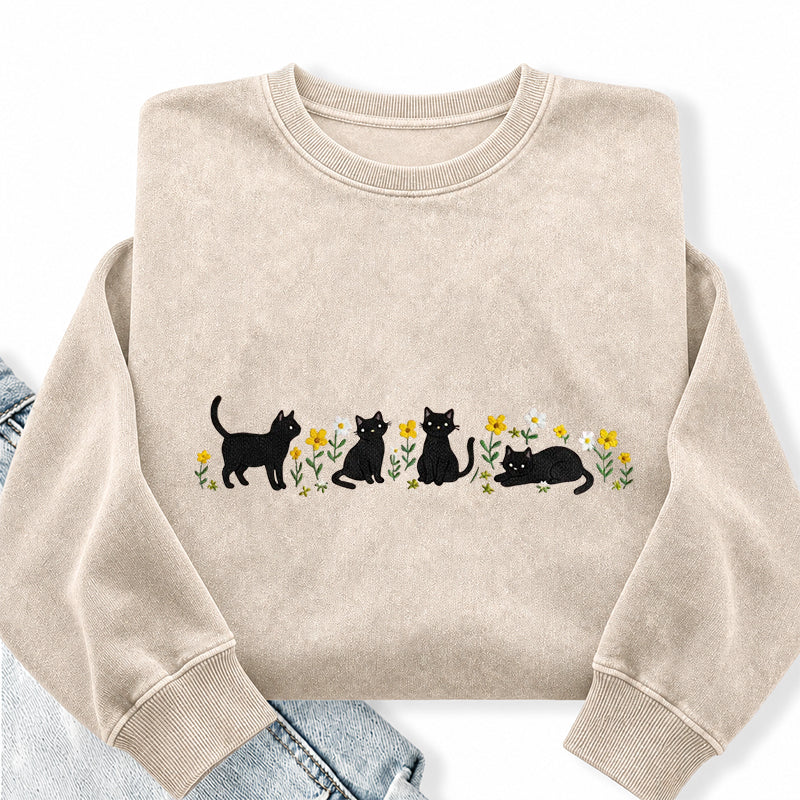 Embroidered Floral Black Cat Washed Crewneck Sweatshirt