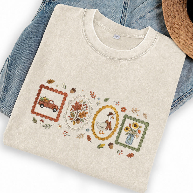 Embroidered Autumn Postcards Washed Crew Neck T-Shirt