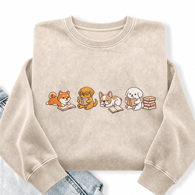 Embroidered Reading Dogs Washed Crewneck Sweatshirt