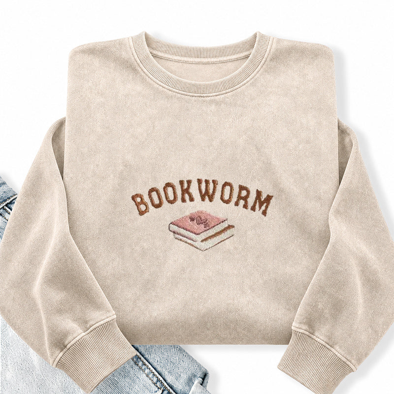 Embroidered Bookworm Washed Crewneck Sweatshirt