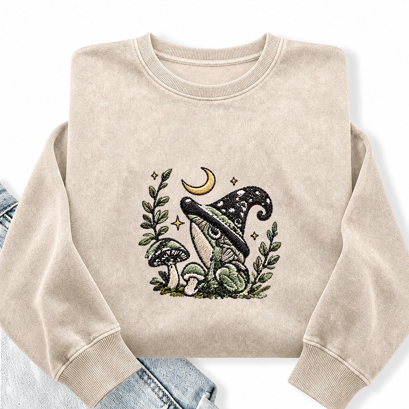 Embroidered Witchy Frog Washed Crewneck Sweatshirt