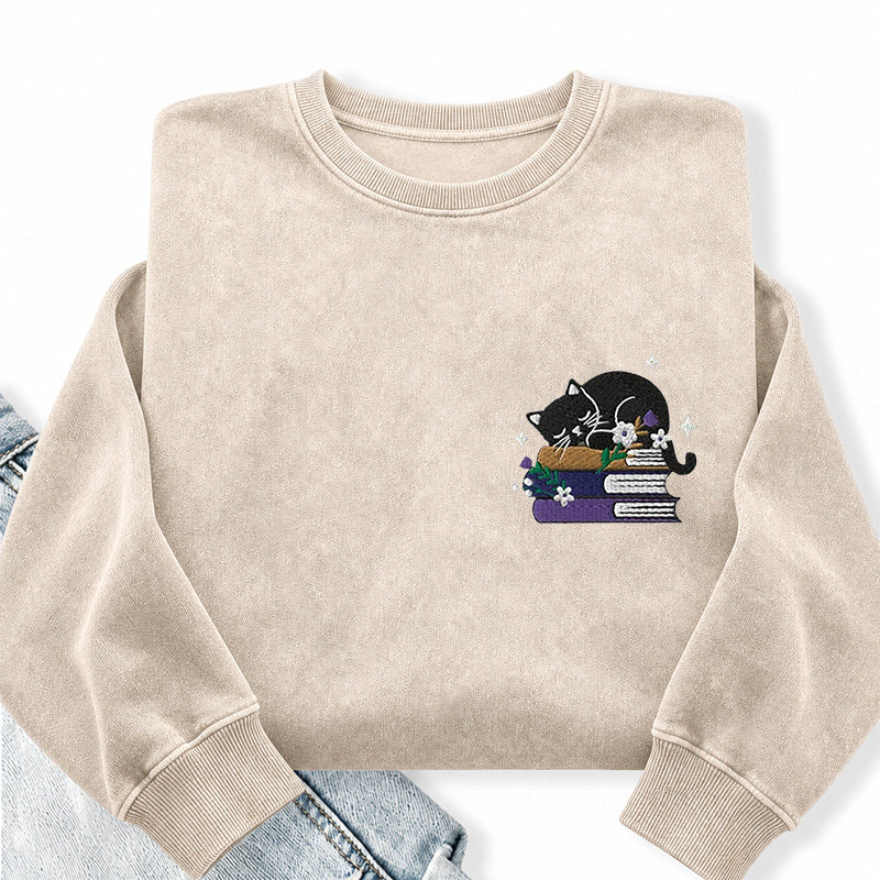 Embroidered Cat Book Washed Crewneck Sweatshirt