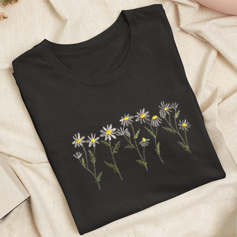 Embroidered Daisy Classic Adult Unisex Crew Neck T-Shirt