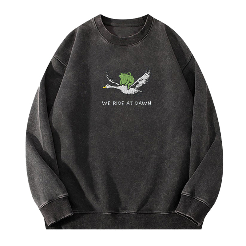 Embroidered We Ride At Dawn Frog Washed Crewneck Sweatshirt