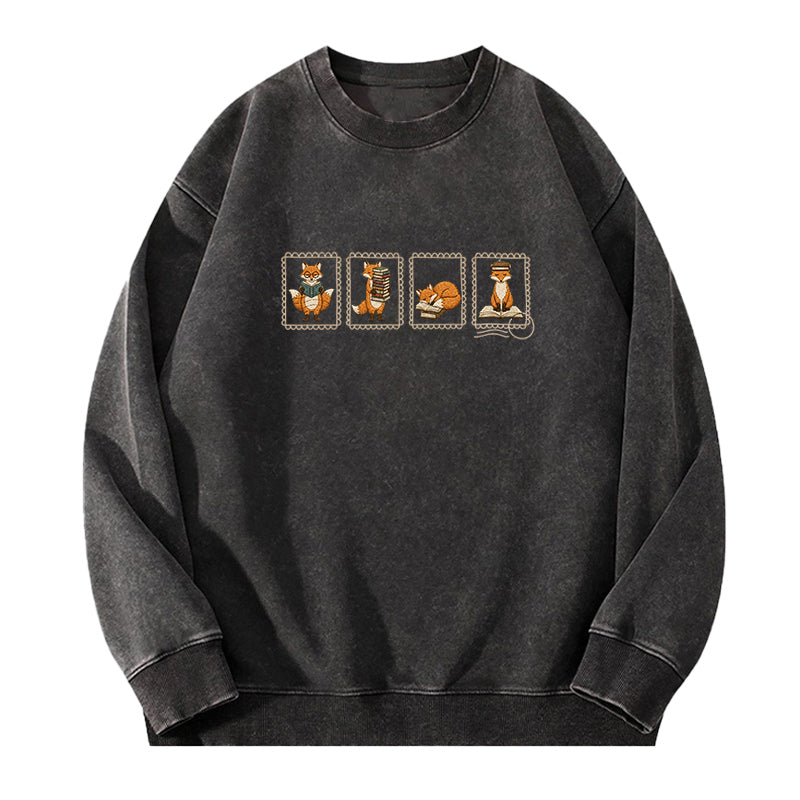 Embroidered Bookish Fox Washed Crewneck Sweatshirt