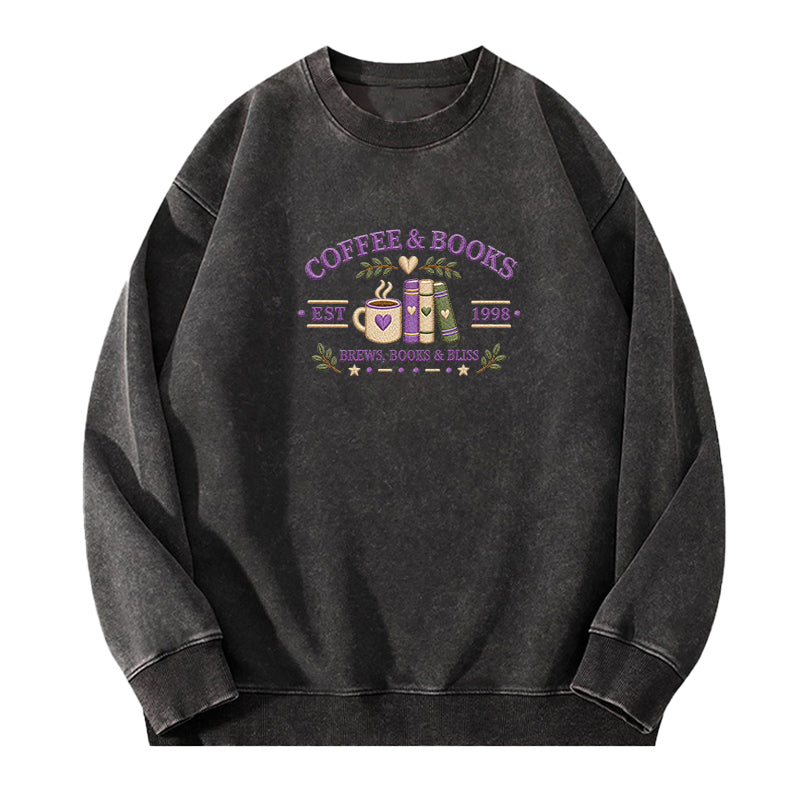 Embroidered Coffee and Books Washed Crewneck Sweatshirt