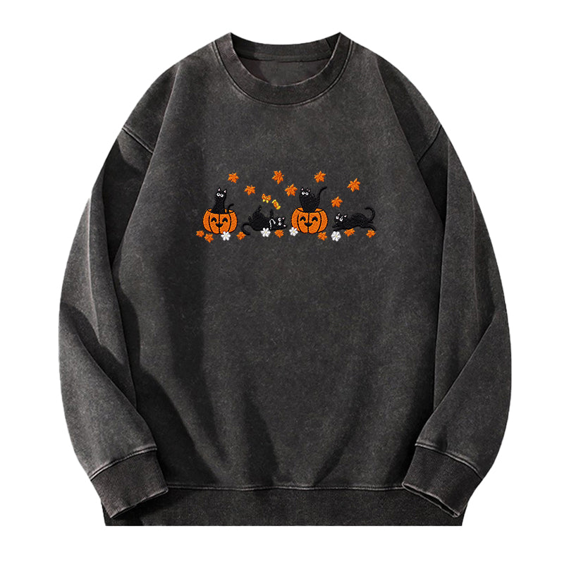 Embroidered Halloween Black Cat Washed Crewneck Sweatshirt