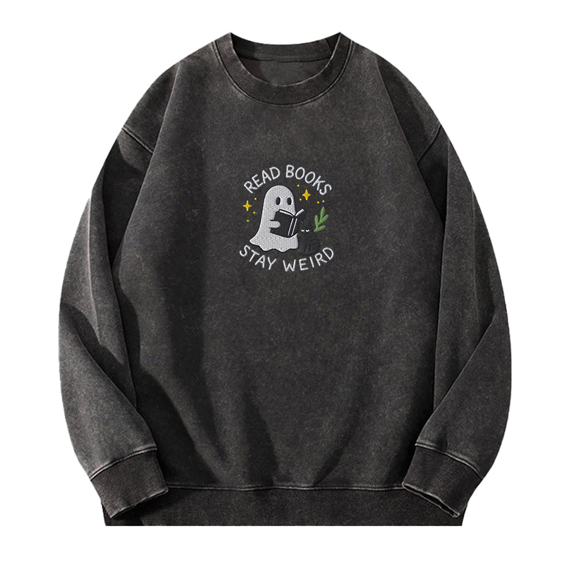 Embroidered Read Books Stay Weird Ghost Washed Crewneck Sweatshirt