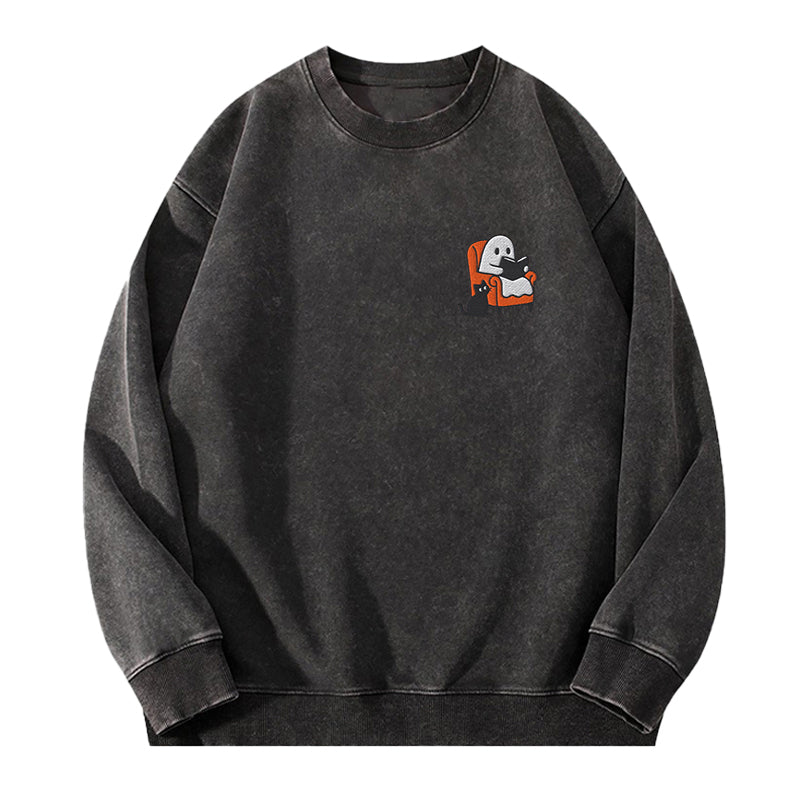Embroidered Ghost Reading On Sofa Washed Crewneck Sweatshirt