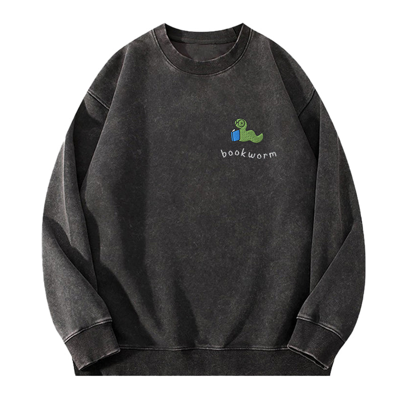 Embroidered Bookworm Washed Crewneck Sweatshirt
