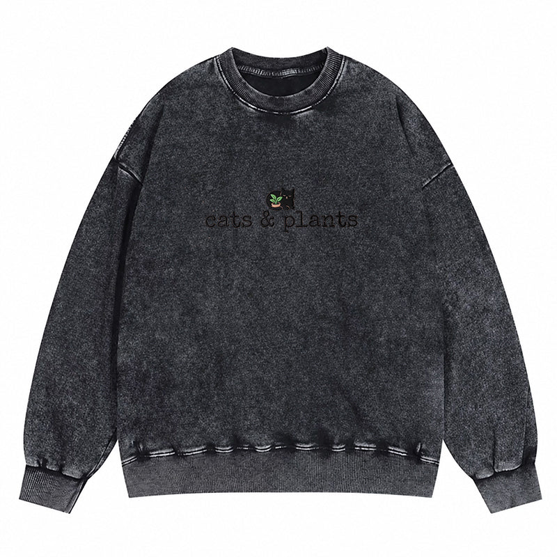 Embroidered Cat and Plants Washed Crewneck Sweatshirt