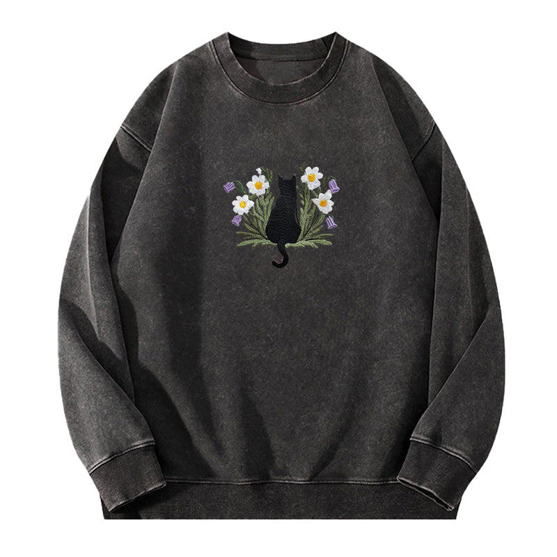 Embroidered Black Cat Flower Washed Crewneck Sweatshirt