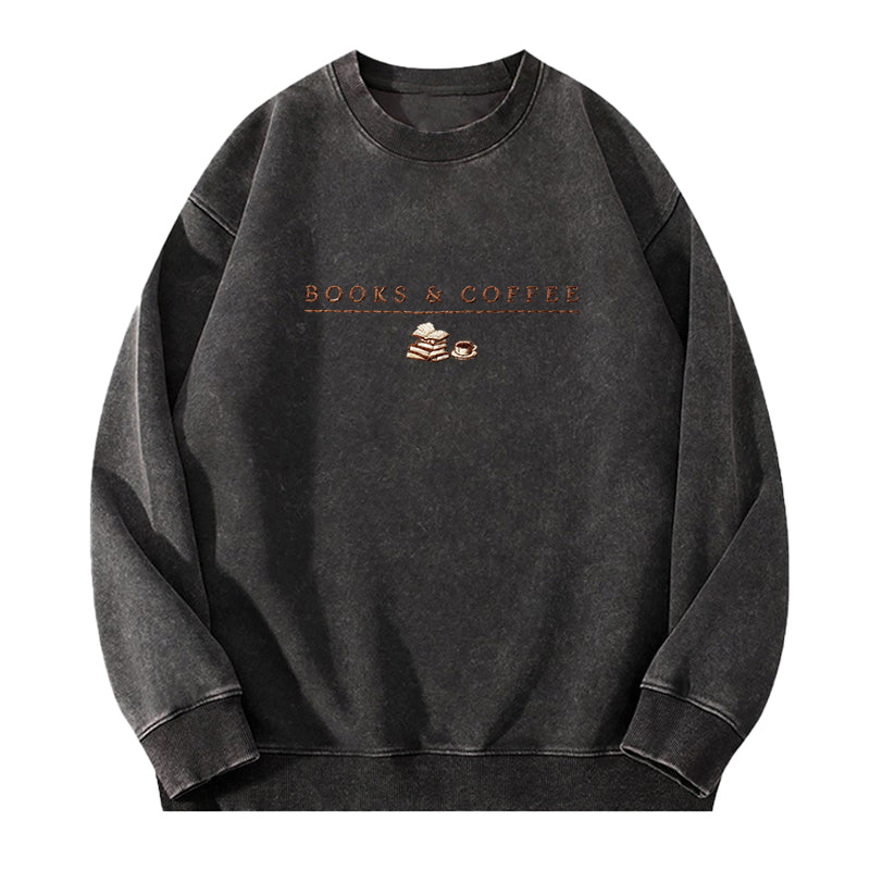 Embroidered Book & Coffee Washed Crewneck Sweatshirt