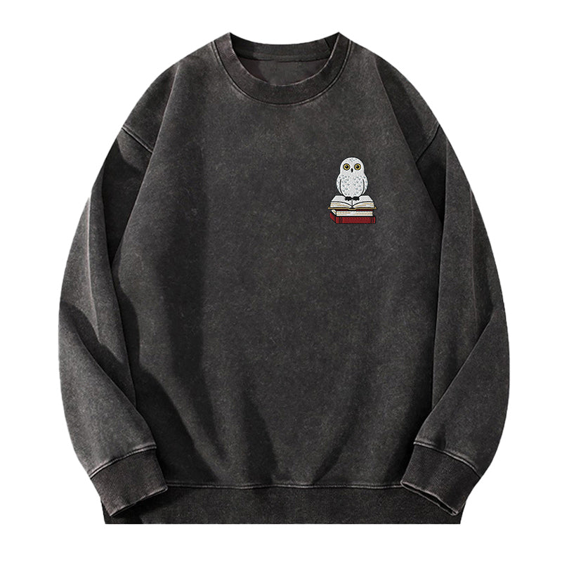 Embroidered Snow Owl On Bookstack Washed Crewneck Sweatshirt