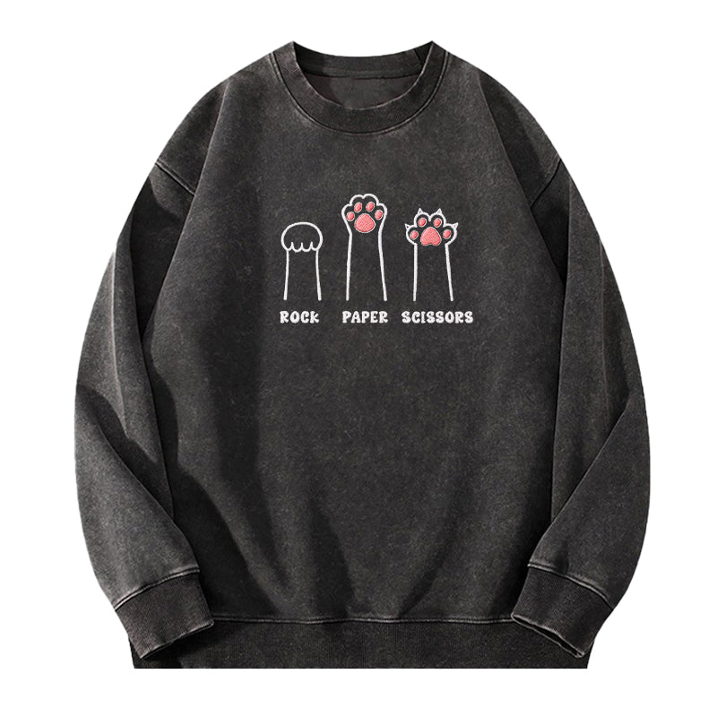 Embroidered Rock Paper Scissors Cat Paw Washed Crewneck Sweatshirt