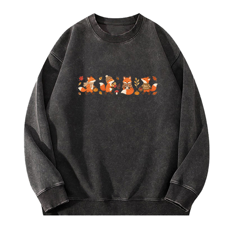 Embroidered Fall Fox Washed Crewneck Sweatshirt