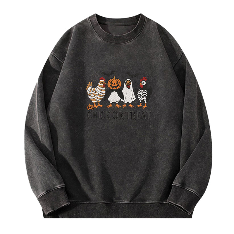 Embroidered Chick Or Treat Washed Crewneck Sweatshirt