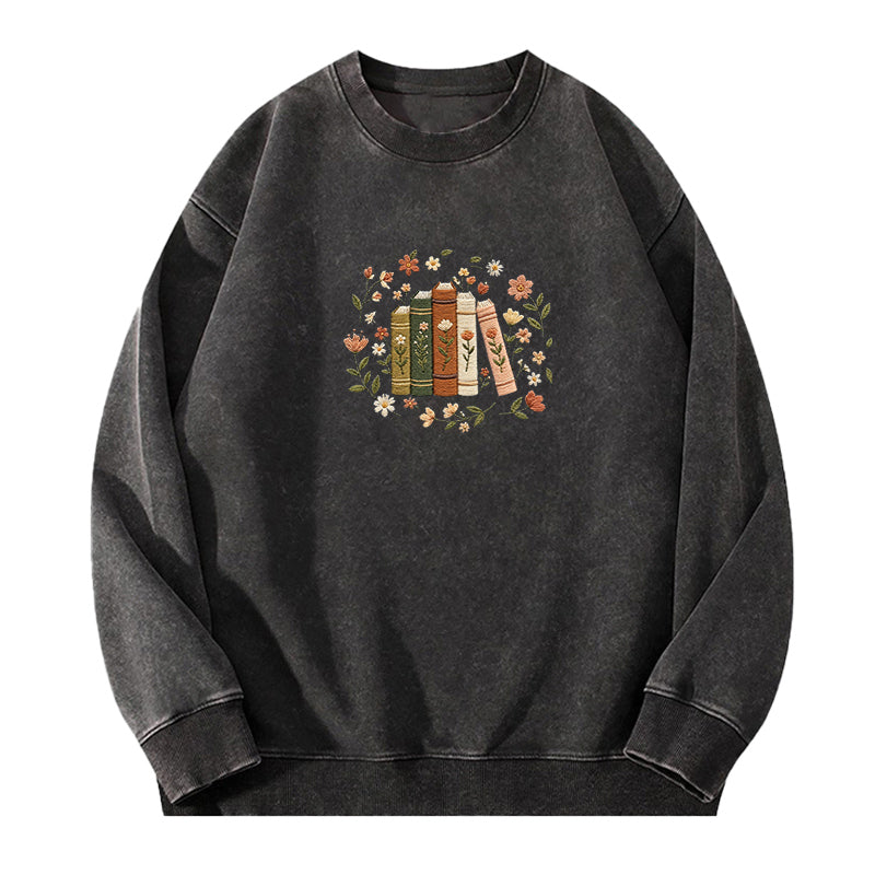 Embroidered Floral Book Stack Washed Crewneck Sweatshirt