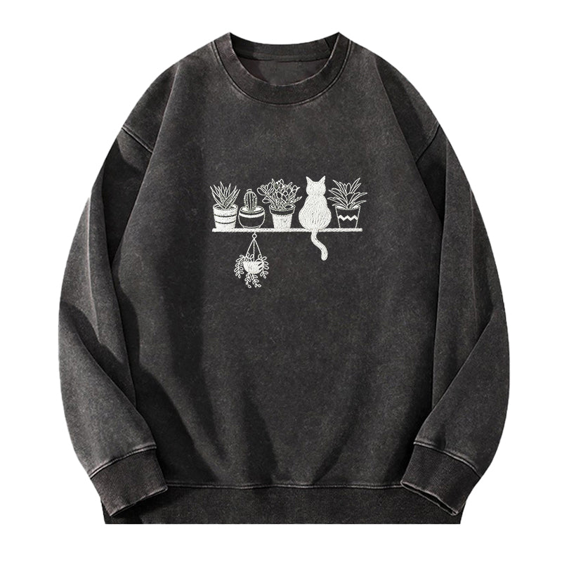 Embroidered Cats And Plants Washed Crewneck Sweatshirt