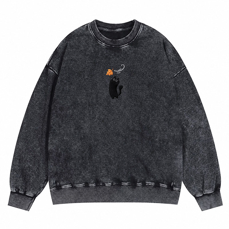 Embroidered Black Cats Fall Washed Crewneck Sweatshirt