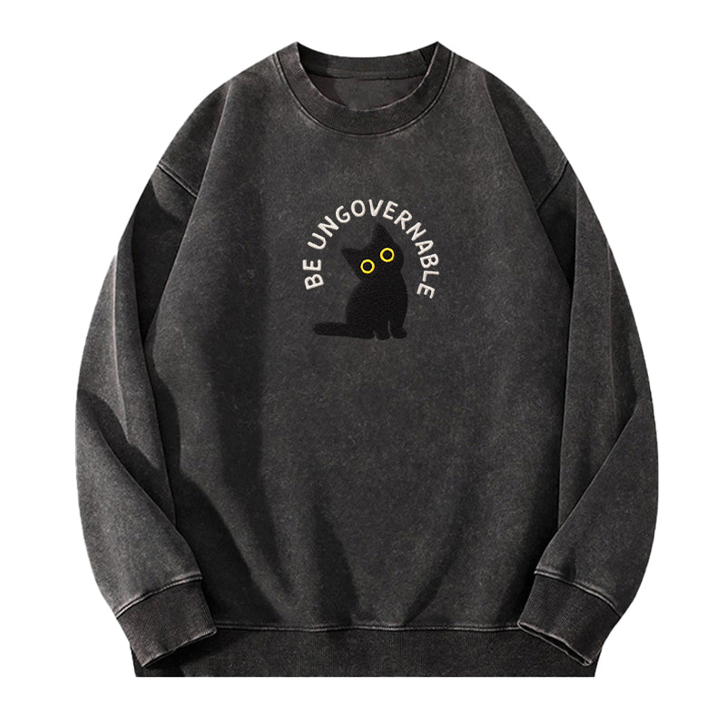 Embroidered Be Ungovernable Black Cat Washed Crewneck Sweatshirt