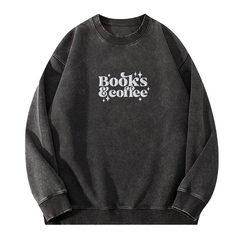 Embroidered Books & Coffee Washed Crewneck Sweatshirt