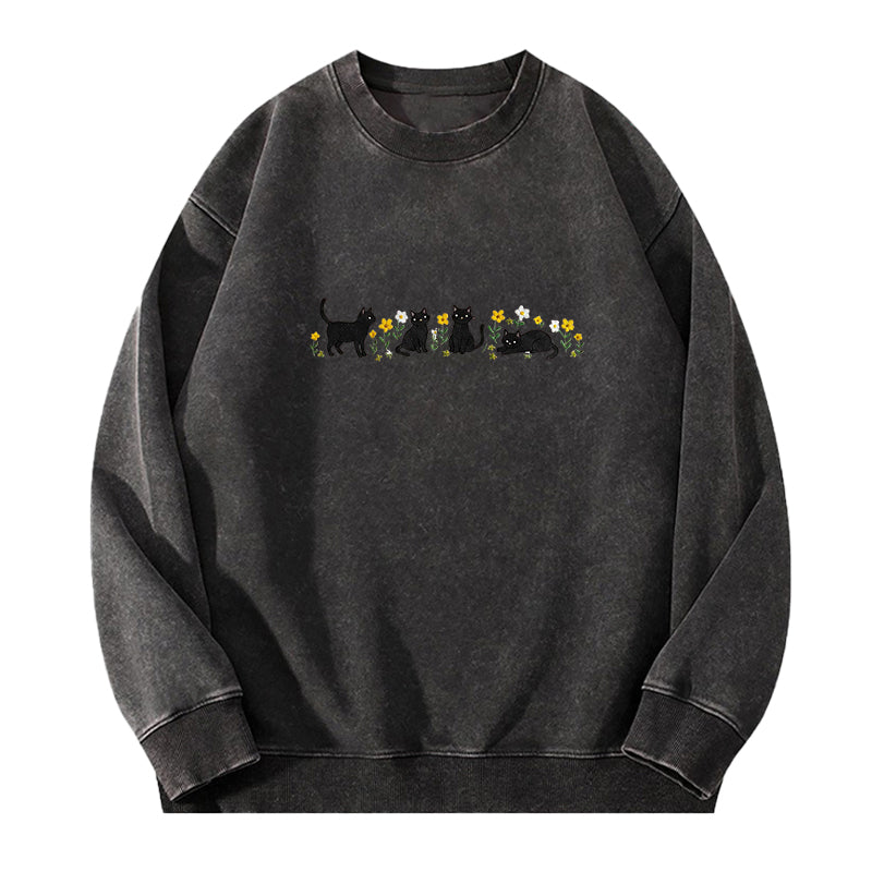 Embroidered Floral Black Cat Washed Crewneck Sweatshirt