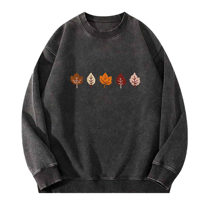 Embroidered Fall Leaves Washed Crewneck Sweatshirt