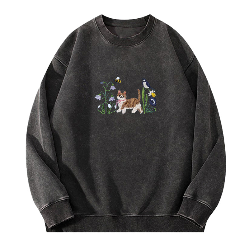 Embroidered Cat Wild Flower Washed Crewneck Sweatshirt