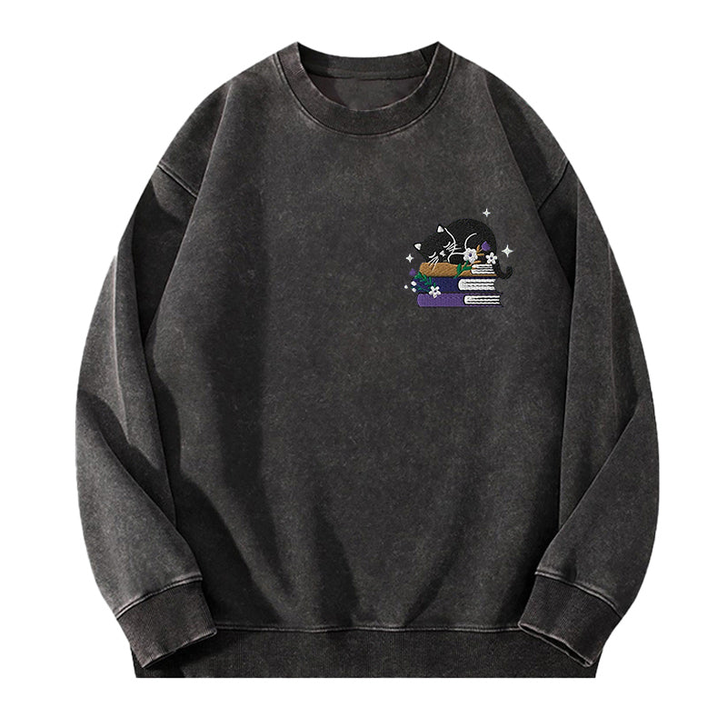 Embroidered Cat Book Washed Crewneck Sweatshirt