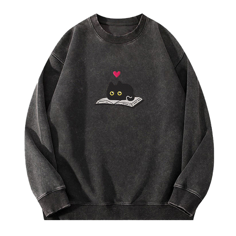 Embroidered Black Cat And Book Washed Crewneck Sweatshirt