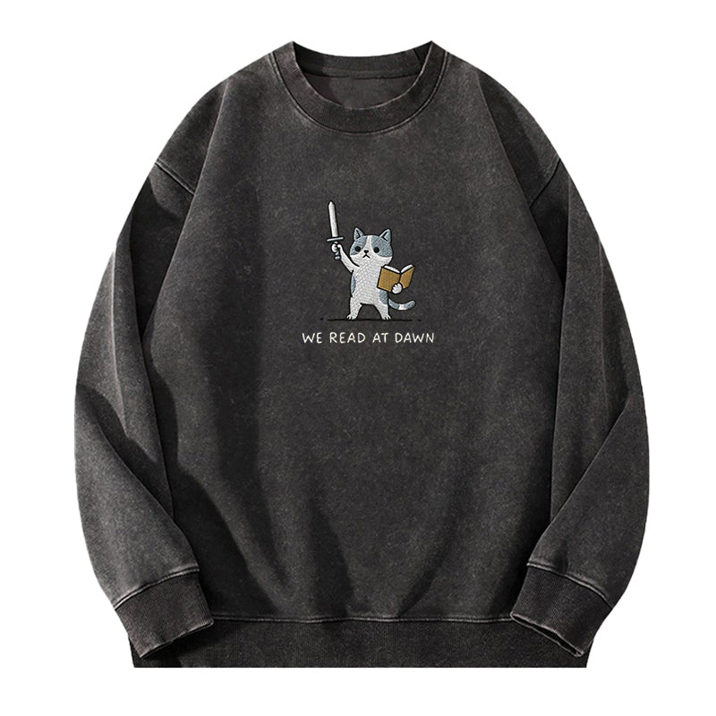Embroidered We Read At Dawn Cat Washed Crewneck Sweatshirt