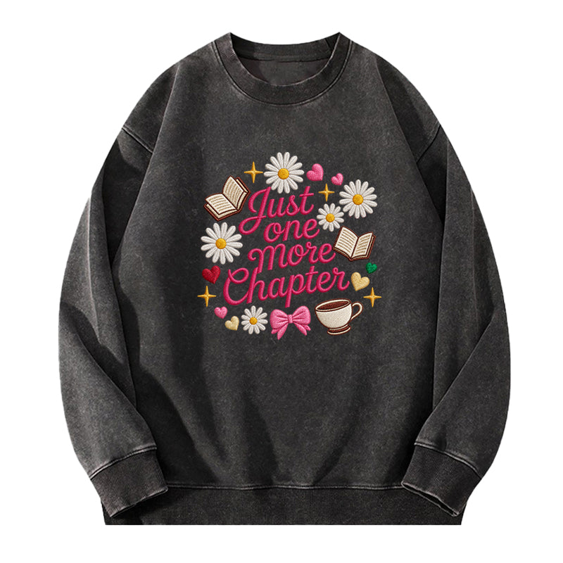 Embroidered Just One More Chapter Flower Washed Crewneck Sweatshirt