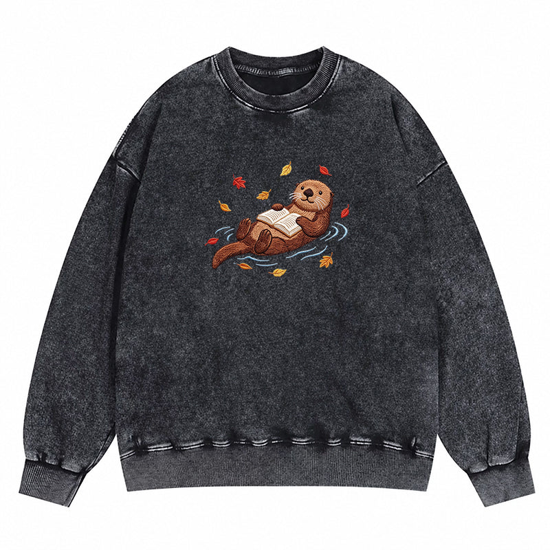 Embroidered Otter Reading Book Washed Crewneck Sweatshirt
