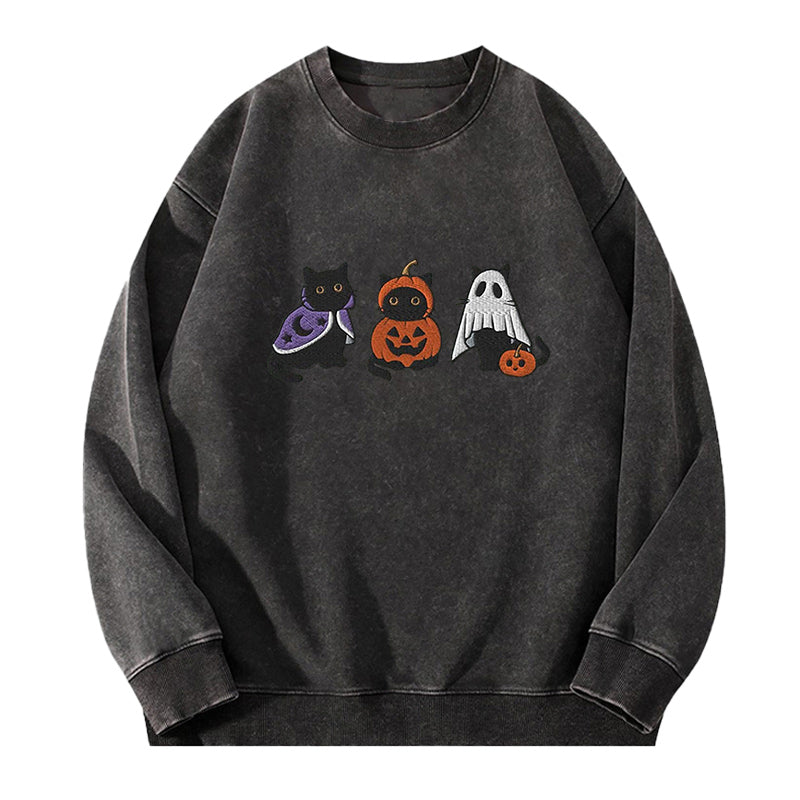 Embroidered Funny Halloween Black Cats Washed Crewneck Sweatshirt