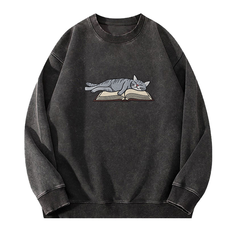 Embroidered Cat Sleeping On Book Washed Crewneck Sweatshirt