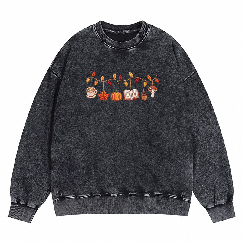 Embroidered Coffee Books Pumpkin Mushroom Washed Crewneck Sweatshirt