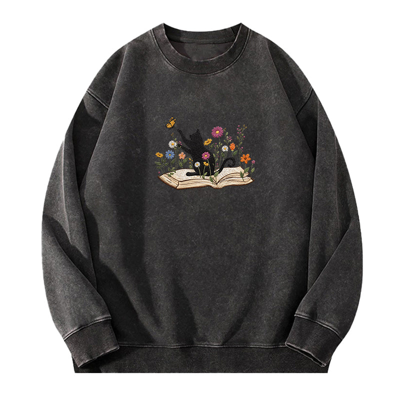 Embroidered Floral Book Cat Washed Crewneck Sweatshirt