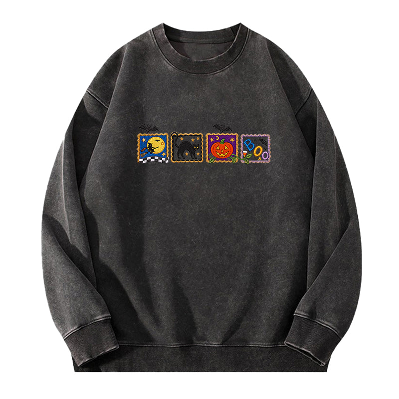 Embroidered Retro Halloween Washed Crewneck Sweatshirt