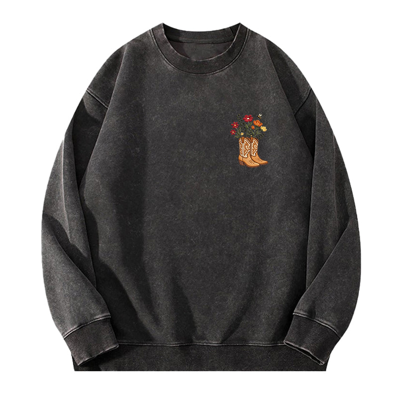 Embroidered Flower Cowboy Boots Washed Crewneck Sweatshirt