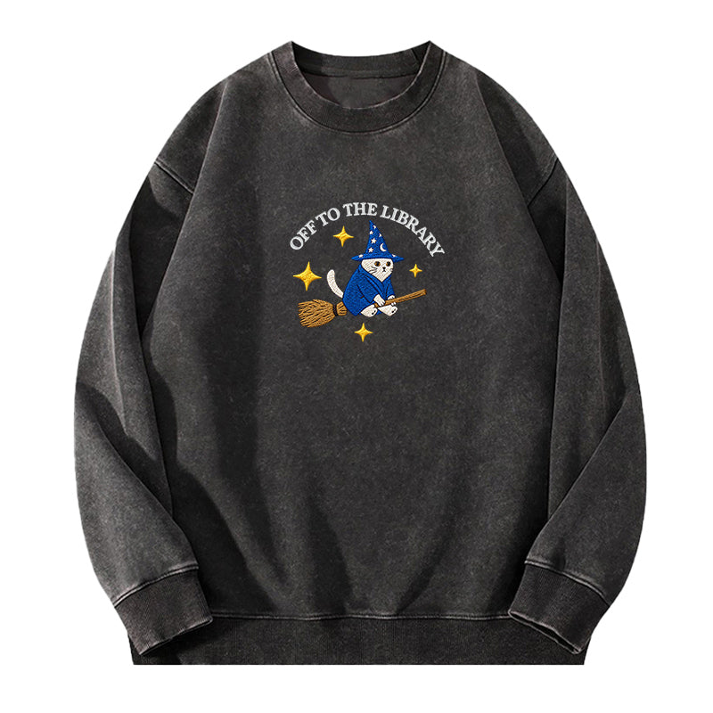 Embroidered Cat Off To The Library Washed Crewneck Sweatshirt